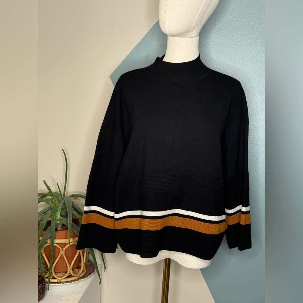 Hobbs London Black Mock Neck Sweater Striped Camel Ivory Knit Pullover Medium - Picture 2 of 11